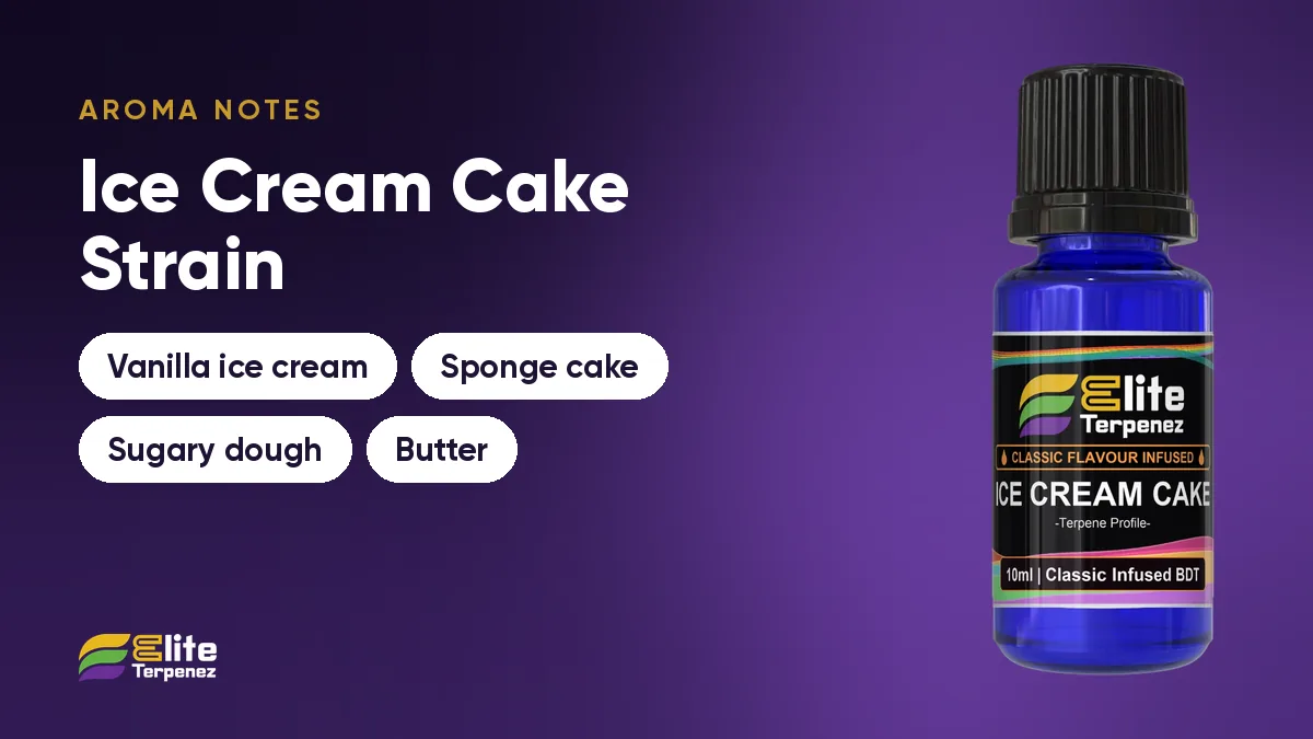 Ice Cream Cake aroma notes card: vanilla ice cream, sponge cake, sugary dough and butter | Elite Terpenez