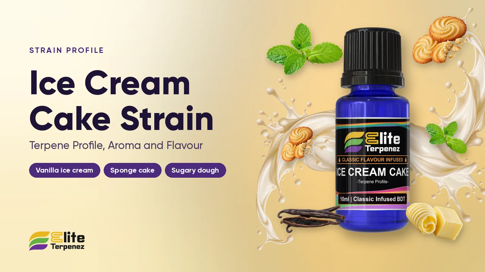 Elite Terpenez Ice Cream Cake terpene profile bottles with vanilla and cake styling | Elite Terpenez