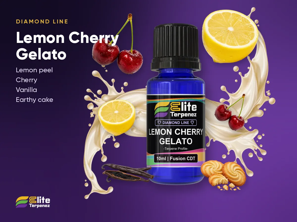 Elite Terpenez Lemon Cherry Gelato Diamond Line 10 ml bottle with lemon and cherry splash | Elite Terpenez