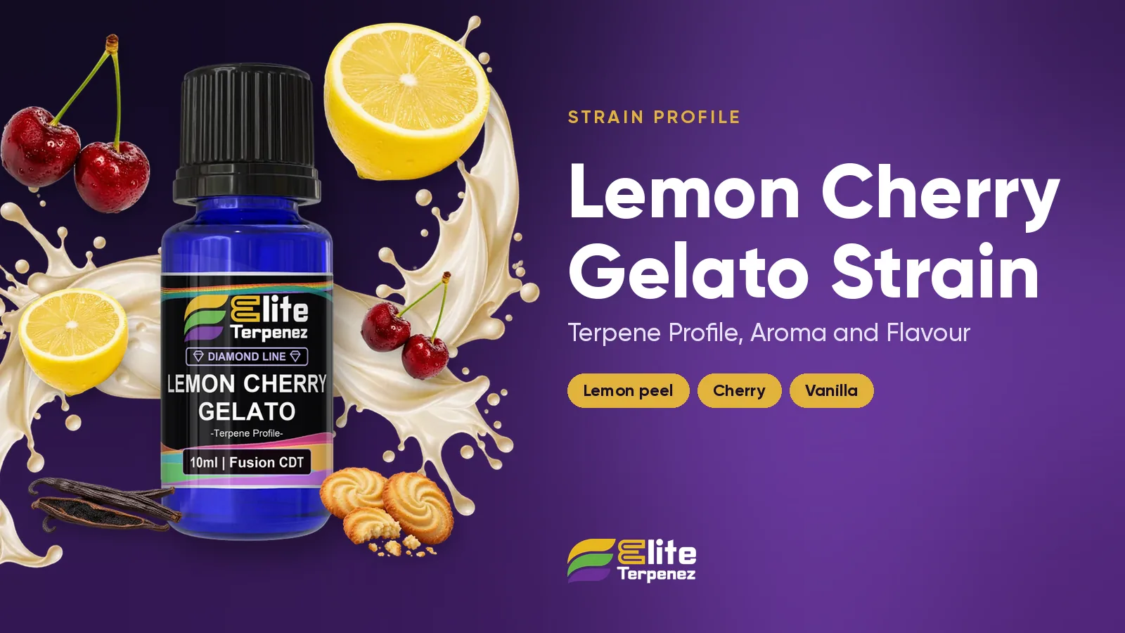 Elite Terpenez Lemon Cherry Gelato terpene profile bottles with lemon and cherry styling | Elite Terpenez