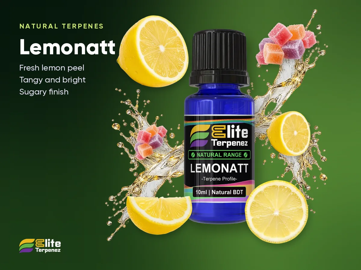 Elite Terpenez Lemonatt Natural Terpenes bottle with fresh lemon peel and lemongrass | Elite Terpenez