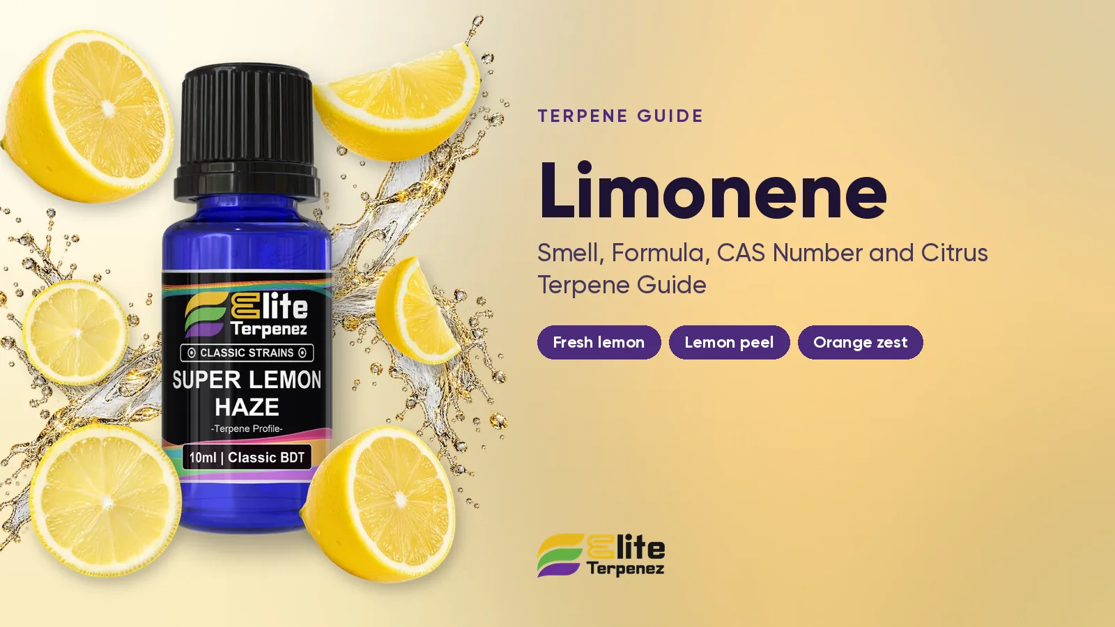 Elite Terpenez citrus terpene profile bottles with lemon and orange peel styling | Elite Terpenez