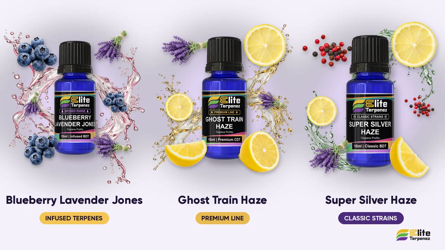 Three Elite Terpenez floral profiles side by side: Lavender Jones, Ghost Train Haze, Super Silver Haze | Elite Terpenez