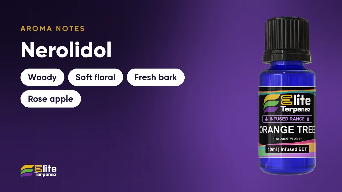 Nerolidol aroma notes card: woody, soft floral, fresh bark and rose apple | Elite Terpenez