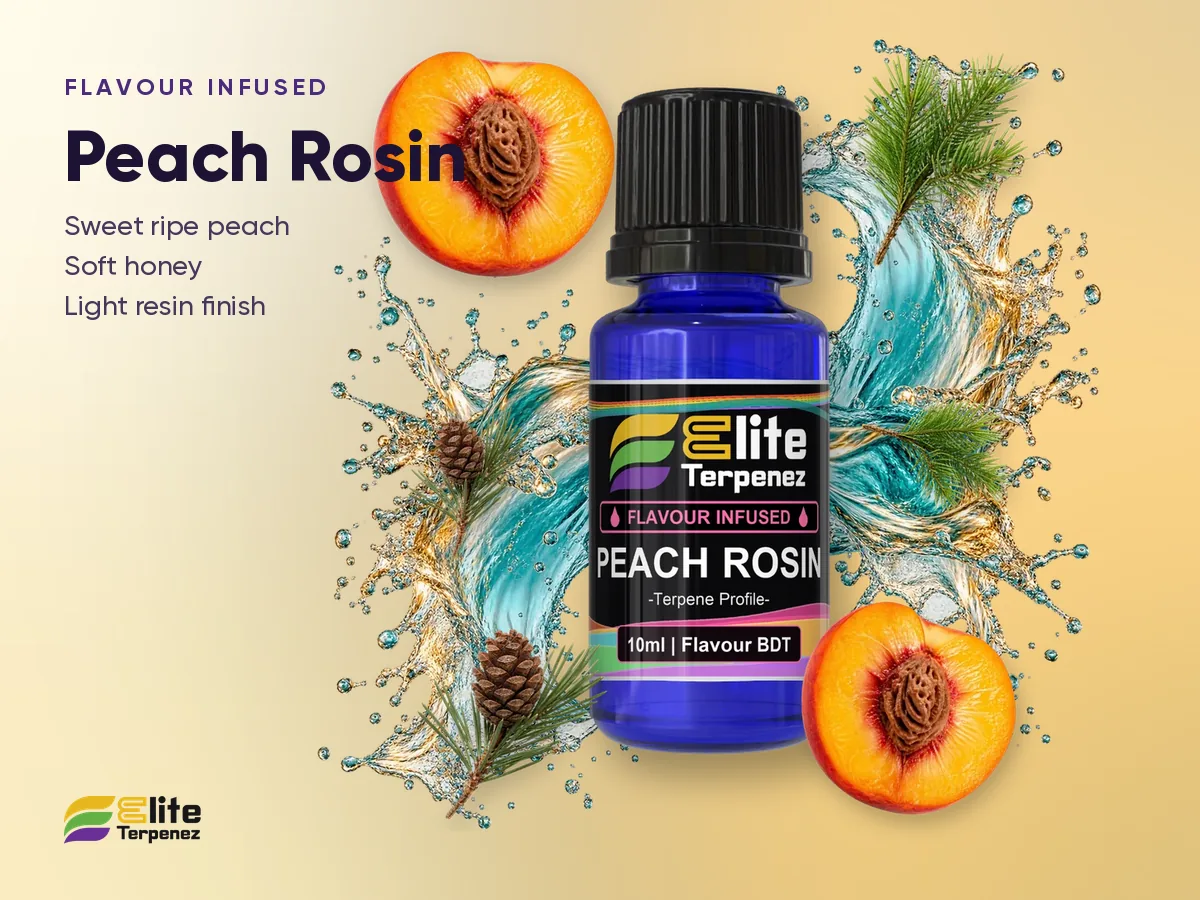 Elite Terpenez Peach Rosin Flavour Infused 10 ml bottle with peach and honey splash | Elite Terpenez