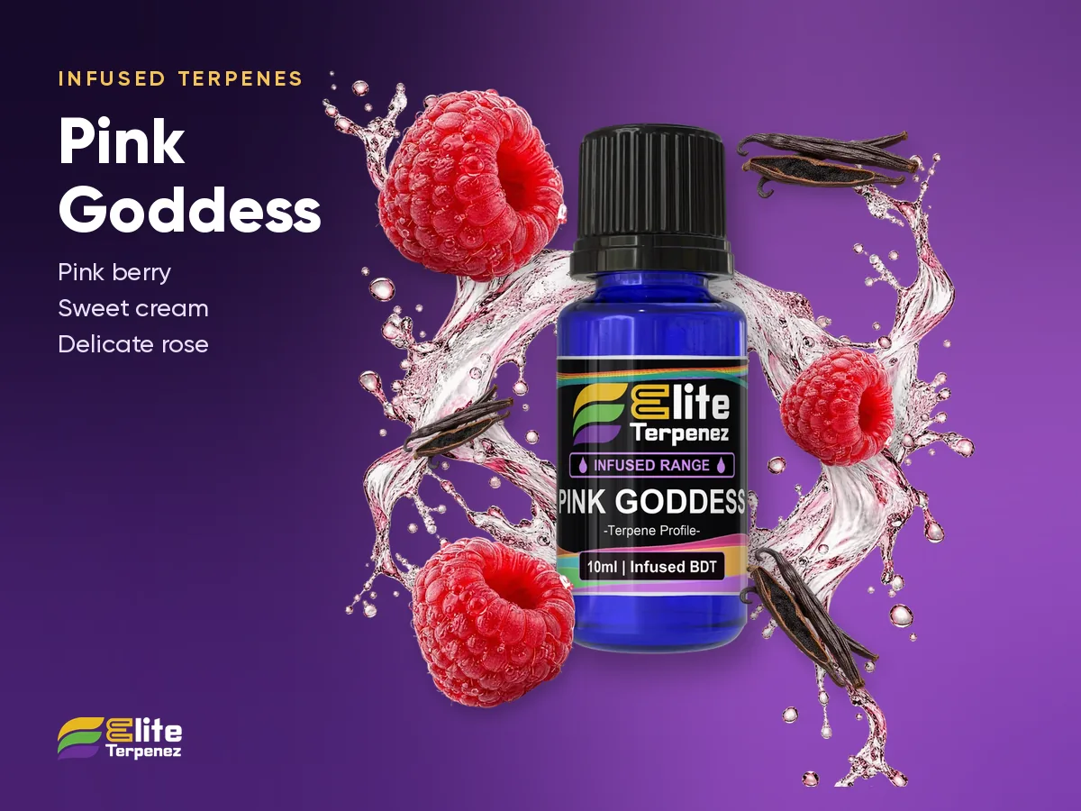 Elite Terpenez Pink Goddess Infused Terpenes 10 ml bottle with rose petal splash | Elite Terpenez