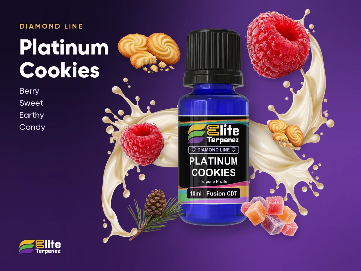 Elite Terpenez Platinum Cookies Diamond Line bottle with its flavour splash | Elite Terpenez
