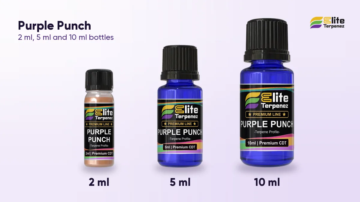 Elite Terpenez Purple Punch terpene bottles in 2 ml, 5 ml and 10 ml sizes | Elite Terpenez
