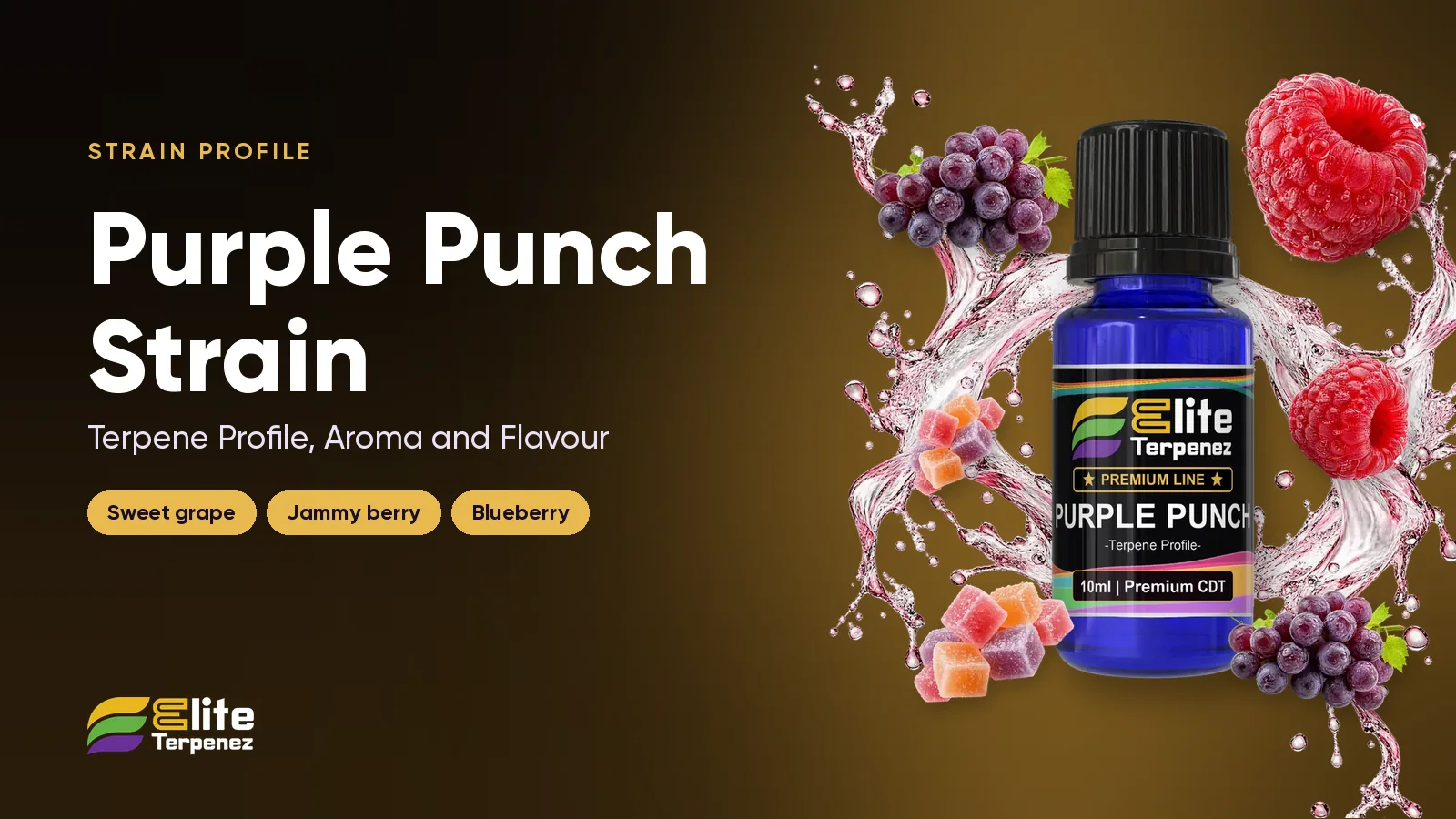 Elite Terpenez Purple Punch terpene profile bottles with grape and berry styling | Elite Terpenez