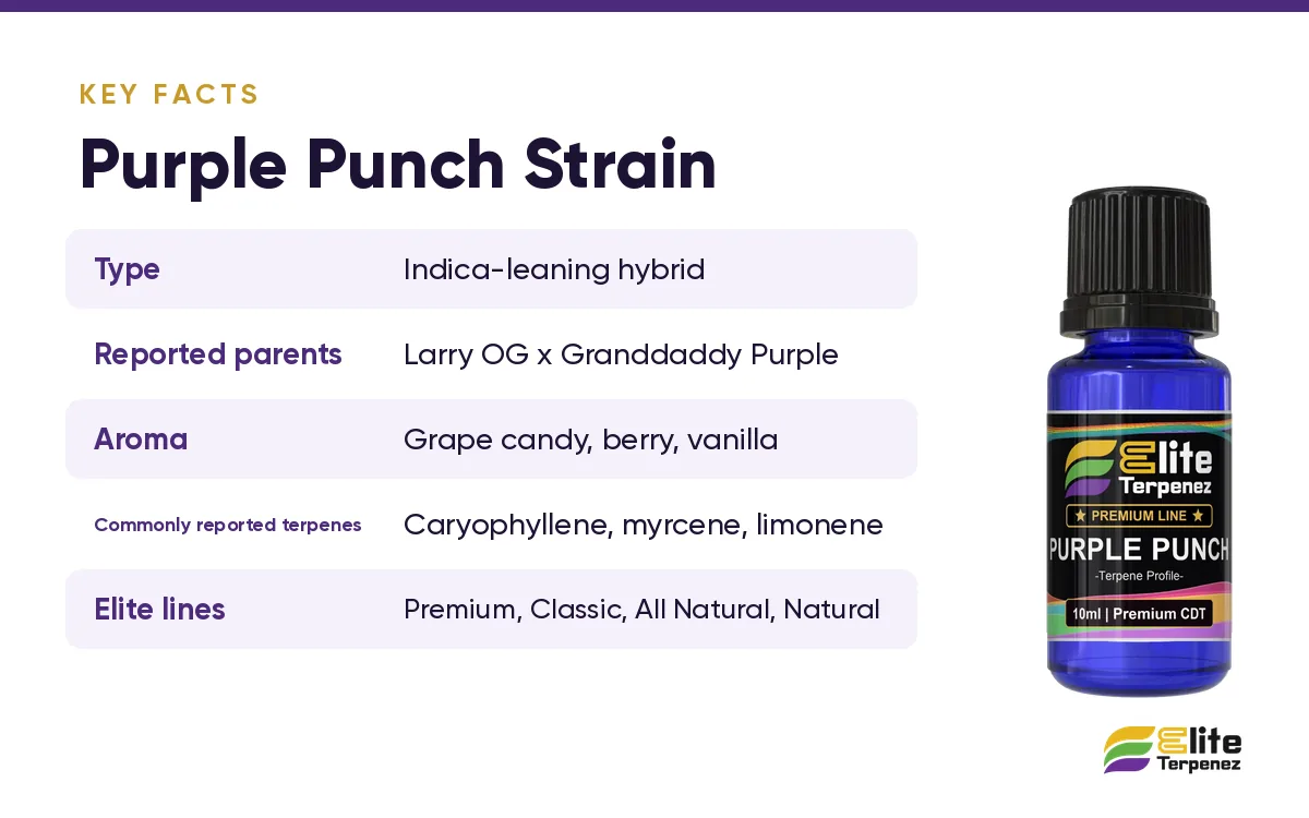 Purple Punch strain key facts card: reported parents, aroma and commonly reported terpenes | Elite Terpenez