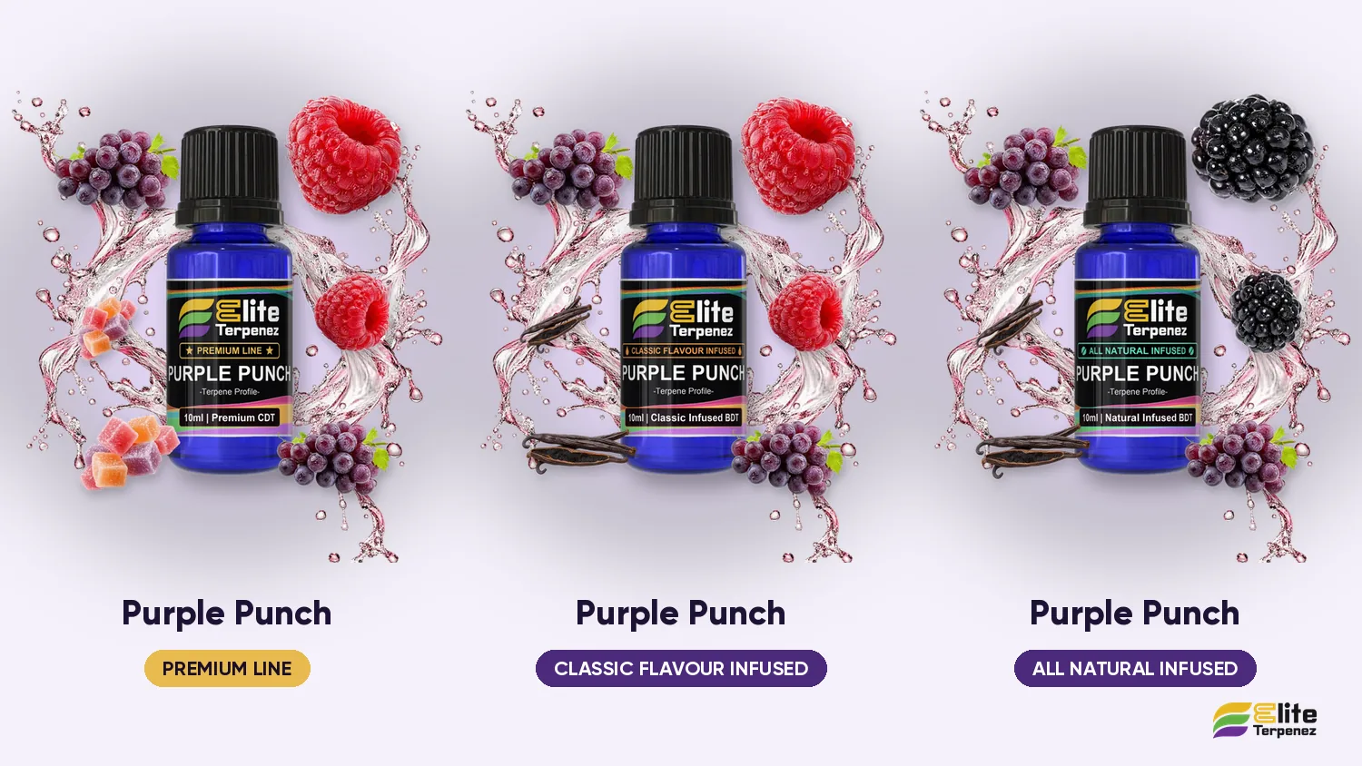 Three Elite Terpenez Purple Punch profiles side by side: Premium, Classic Flavour and All Natural | Elite Terpenez
