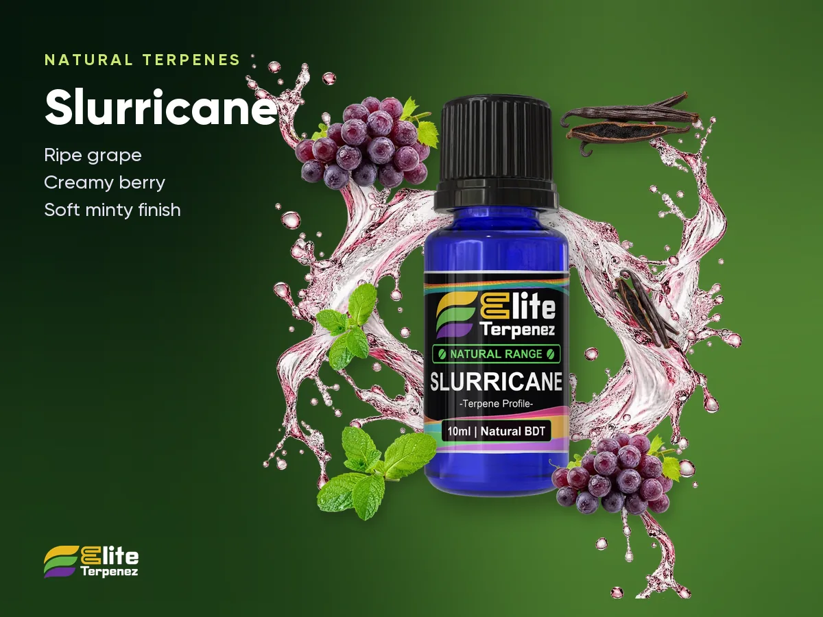 Elite Terpenez Slurricane Natural Terpenes bottle with ripe grape and mint splash | Elite Terpenez