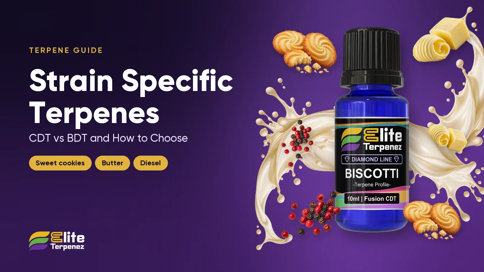Elite Terpenez Biscotti Diamond Line 10 ml bottle with cookie and cream splash | Elite Terpenez