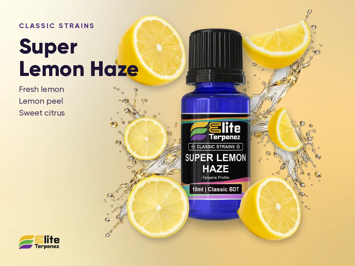 Elite Terpenez Super Lemon Haze Classic Strains bottle with fresh lemon slices and peel | Elite Terpenez