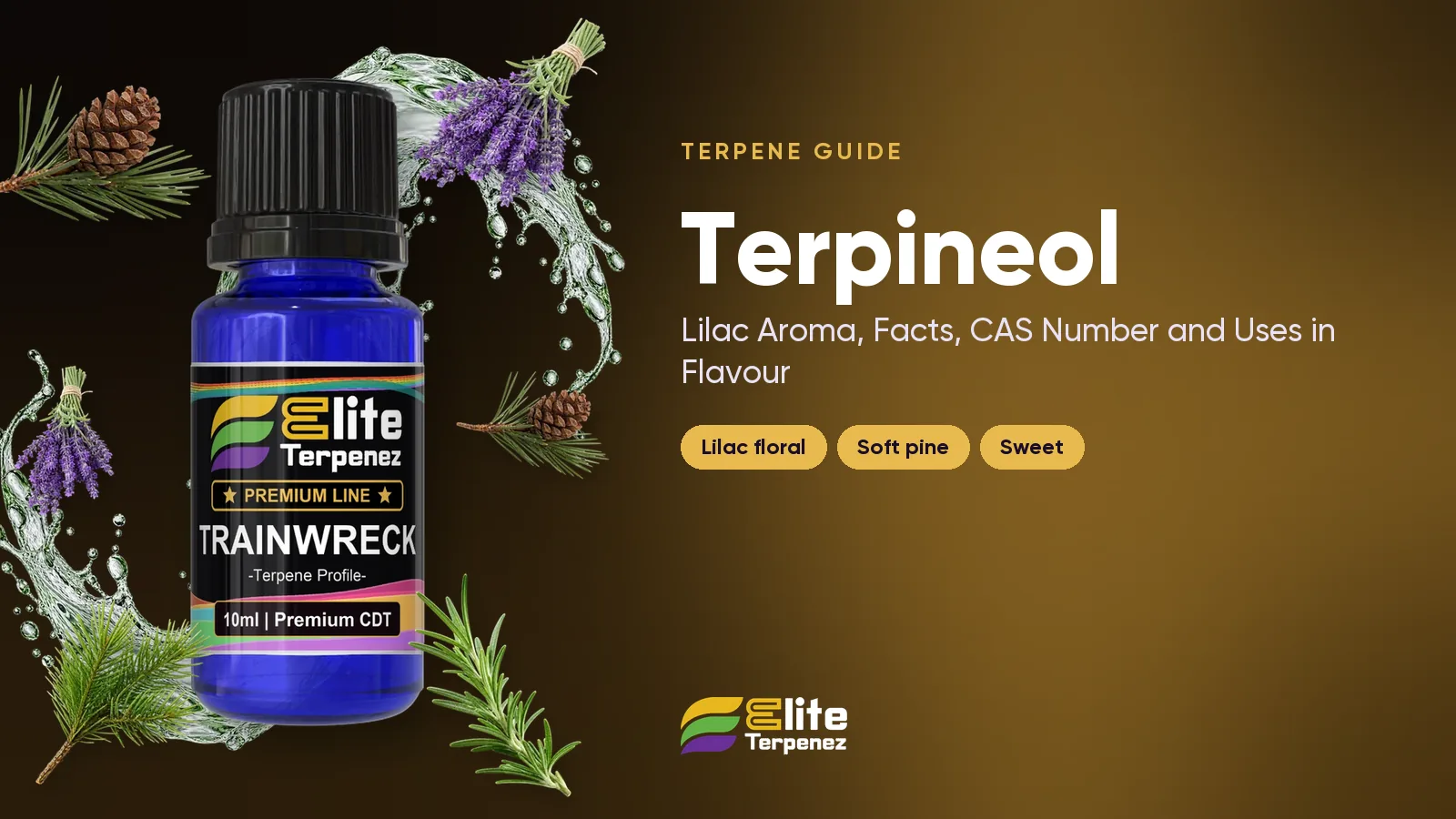 Elite Terpenez floral and pine terpene profile bottles with lilac blossom styling | Elite Terpenez