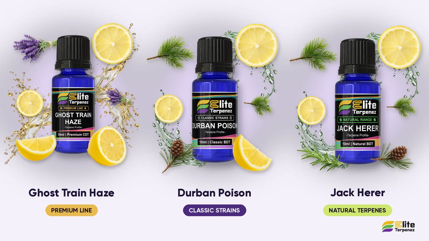 Three Elite Terpenez pine-citrus profiles side by side: Ghost Train Haze, Durban Poison and Ghost Train Haze Natural | Elite Terpenez