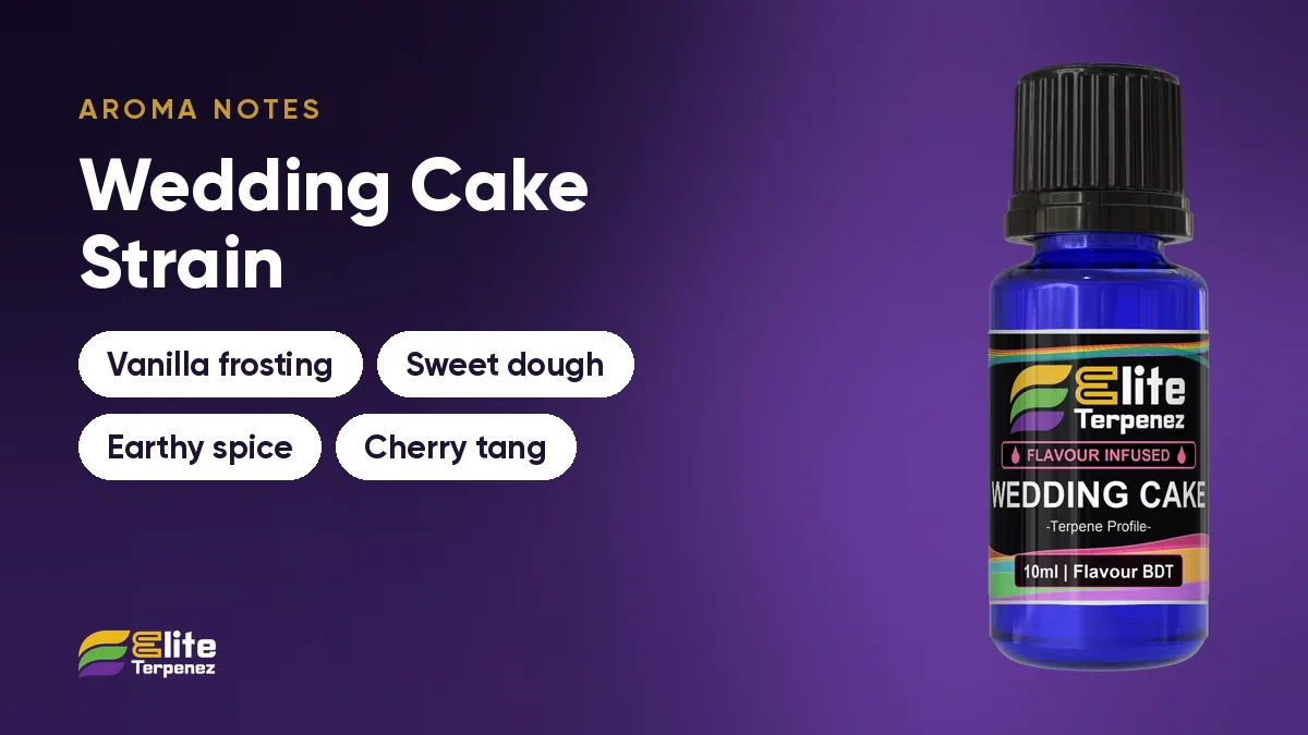 Wedding Cake aroma notes card: vanilla frosting, sweet dough, earthy spice and cherry tang | Elite Terpenez