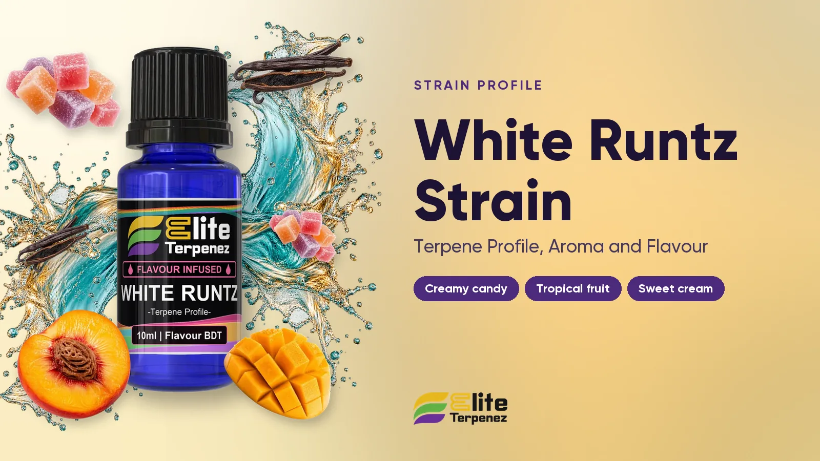 Elite Terpenez White Runtz terpene profile bottles with creamy candy styling | Elite Terpenez