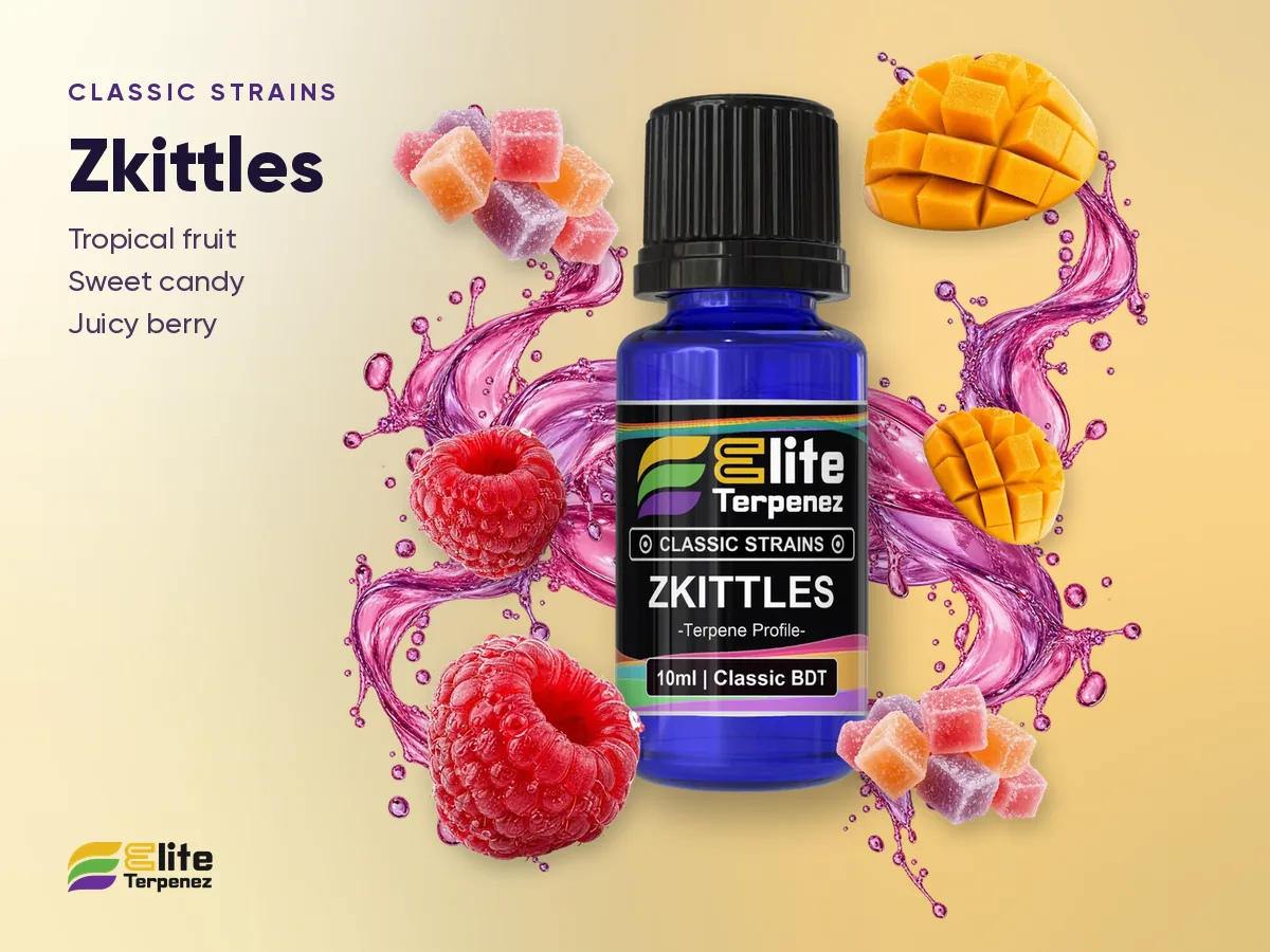 Elite Terpenez Zkittles Classic Strains bottle with tropical fruit and candy splash | Elite Terpenez