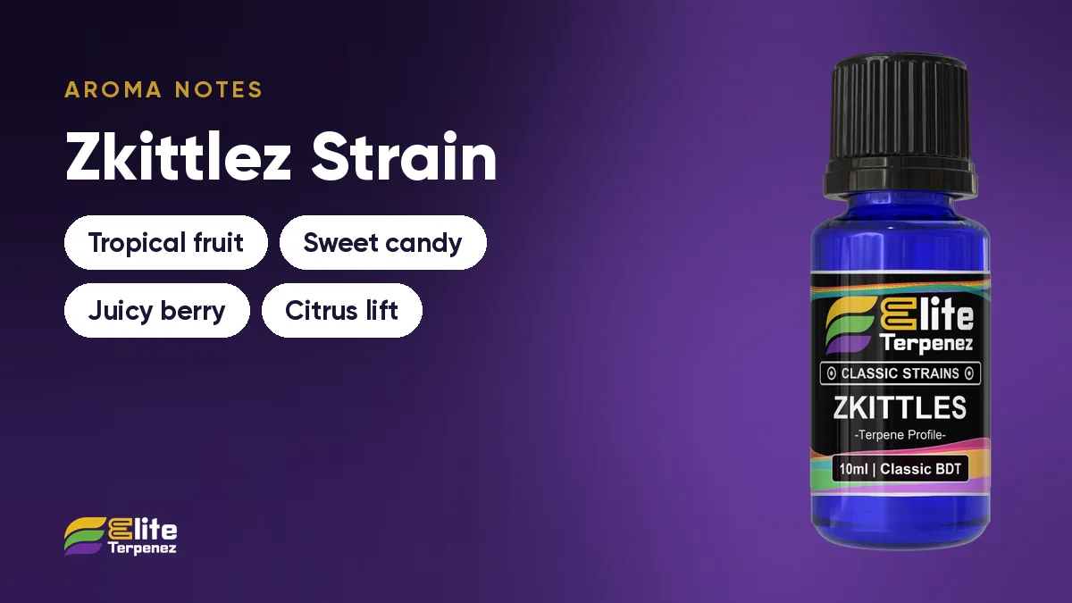 Zkittlez aroma notes card: tropical fruit, sweet candy, juicy berry and citrus lift | Elite Terpenez