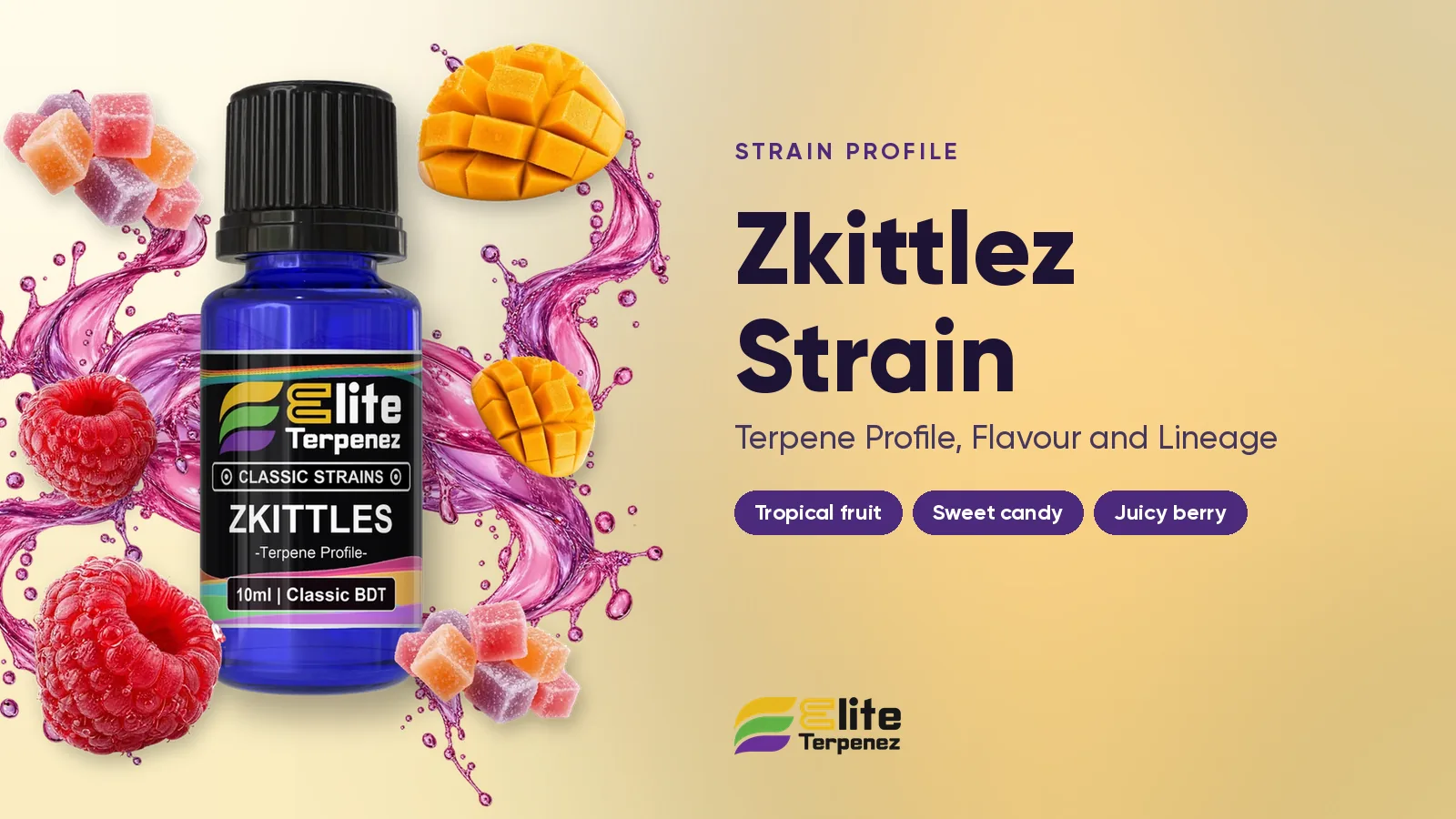 Elite Terpenez Zkittlez terpene profile bottles with tropical fruit candy styling | Elite Terpenez