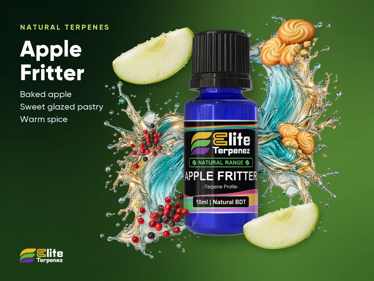 Elite Terpenez Apple Fritter Natural Terpenes bottle with baked apple and glaze splash | Elite Terpenez