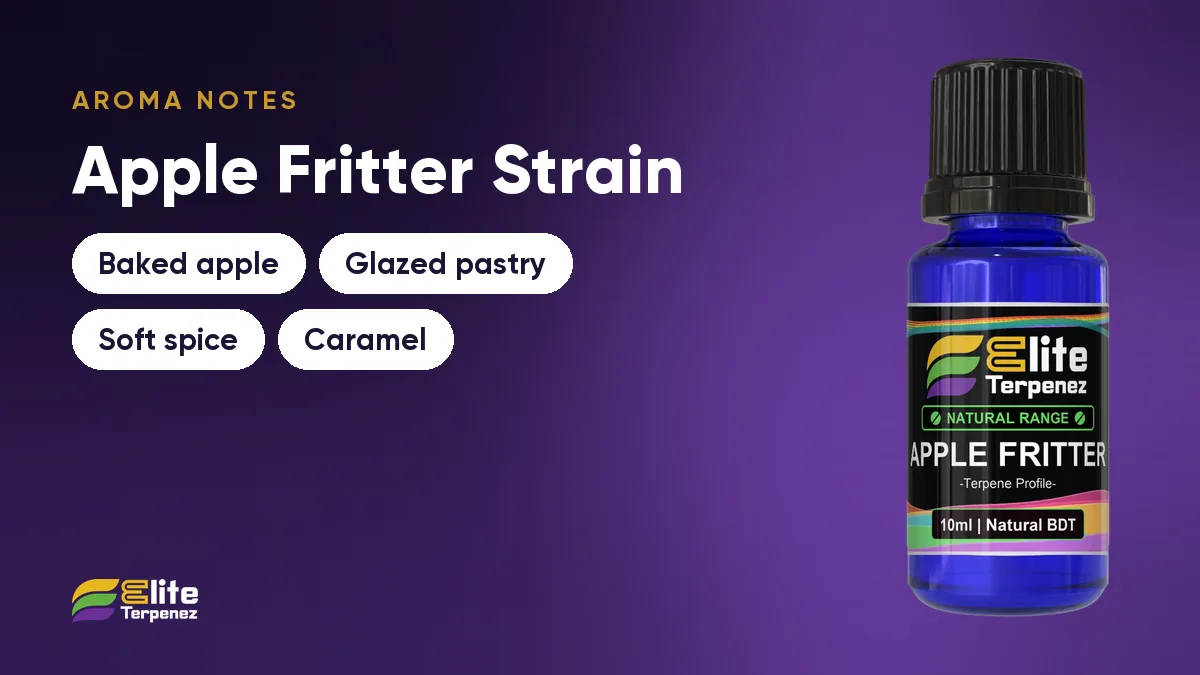 Apple Fritter aroma notes card: baked apple, glazed pastry, soft spice and caramel | Elite Terpenez