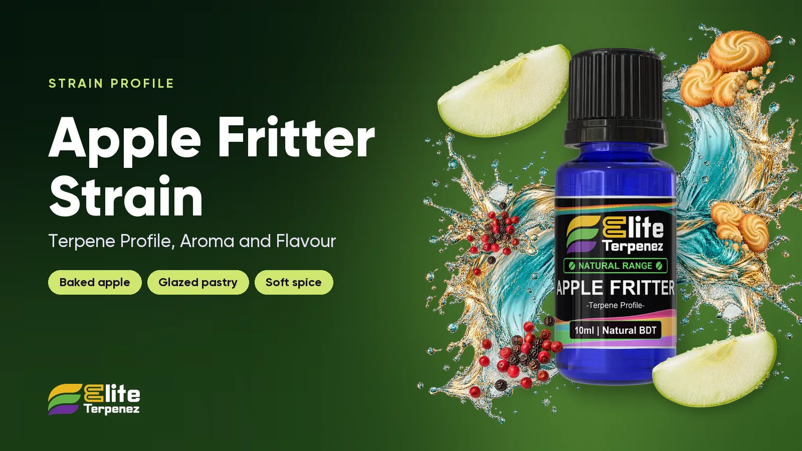 Elite Terpenez Apple Fritter terpene profile bottle with baked apple and pastry styling | Elite Terpenez