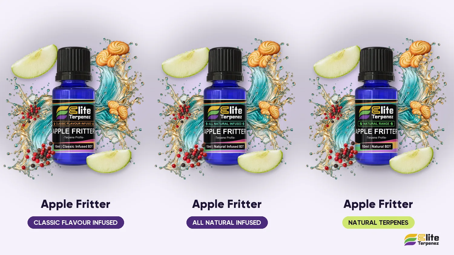 Three Elite Terpenez Apple Fritter profiles side by side: Classic Flavour Infused, All Natural Infused and Natural Terpenes | Elite Terpenez