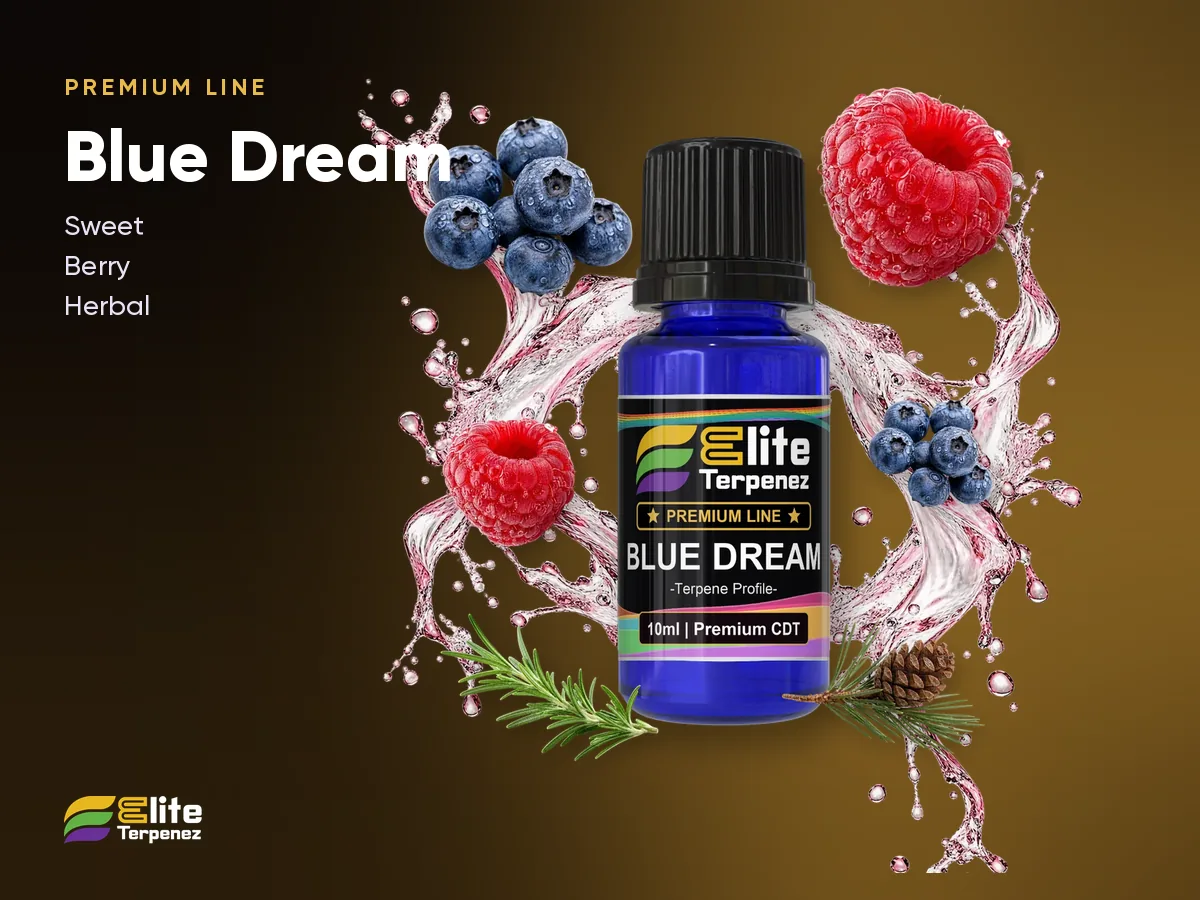 Elite Terpenez Blue Dream Premium Line 10 ml bottle with fresh blueberries and pine sprigs | Elite Terpenez