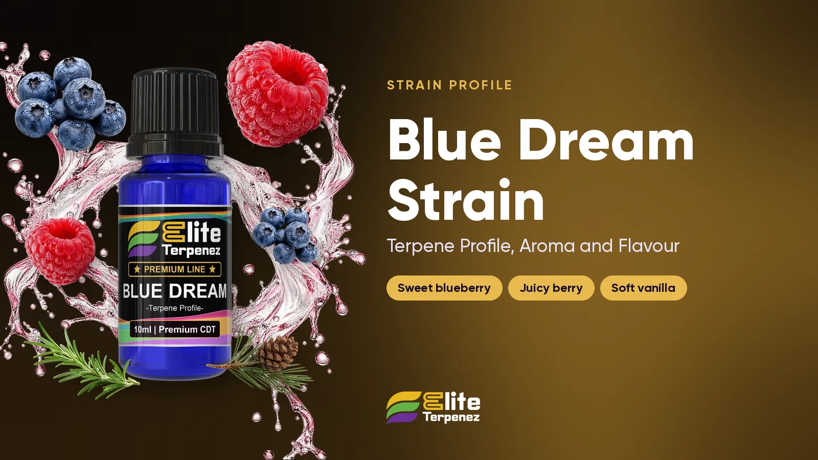 Elite Terpenez Blue Dream Premium Line bottle with blueberry and pine splash | Elite Terpenez