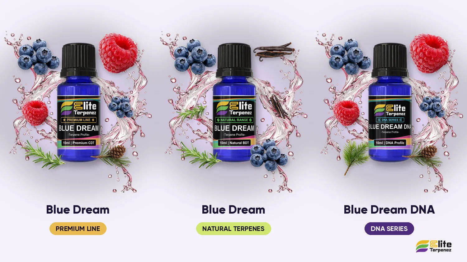 Elite Terpenez Blue Dream Premium, Natural Terpenes and DNA Series bottles side by side | Elite Terpenez
