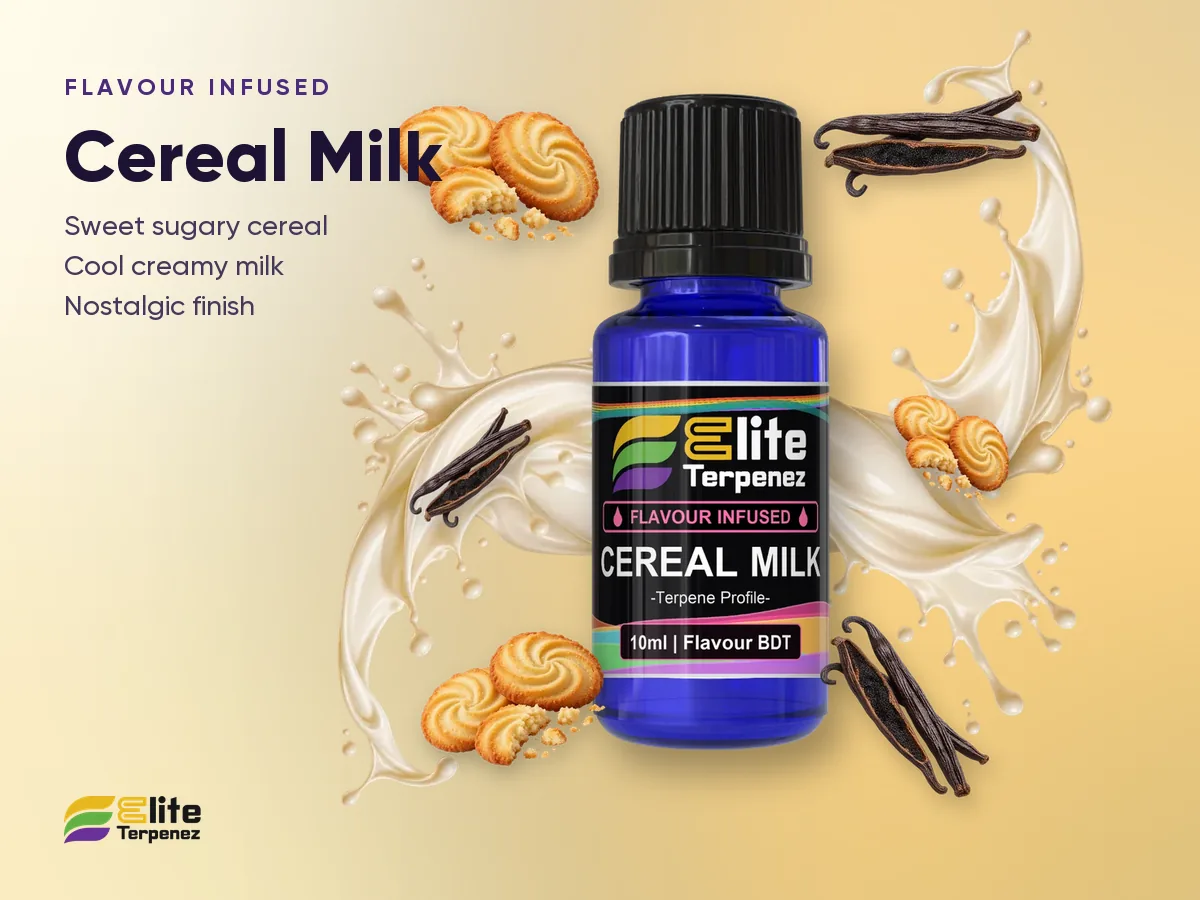 Elite Terpenez Cereal Milk Flavour Infused bottle with cereal and milk splash | Elite Terpenez