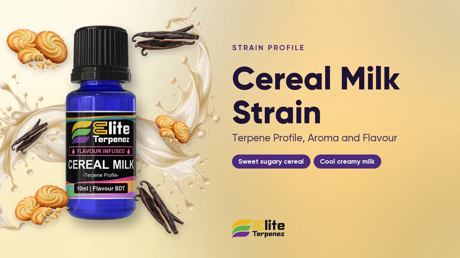 Elite Terpenez Cereal Milk terpene profile bottle with sugary cereal and creamy milk styling | Elite Terpenez