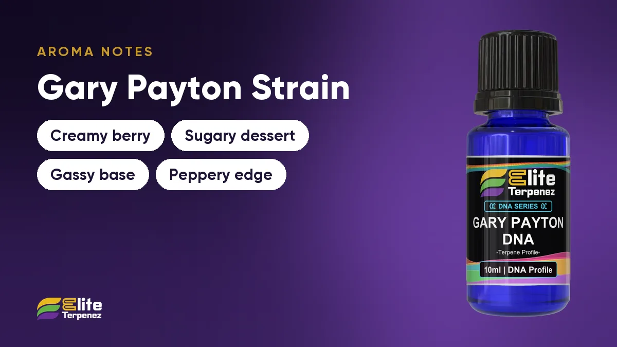 Gary Payton aroma notes card: creamy berry, sugary dessert, gassy base and peppery edge | Elite Terpenez