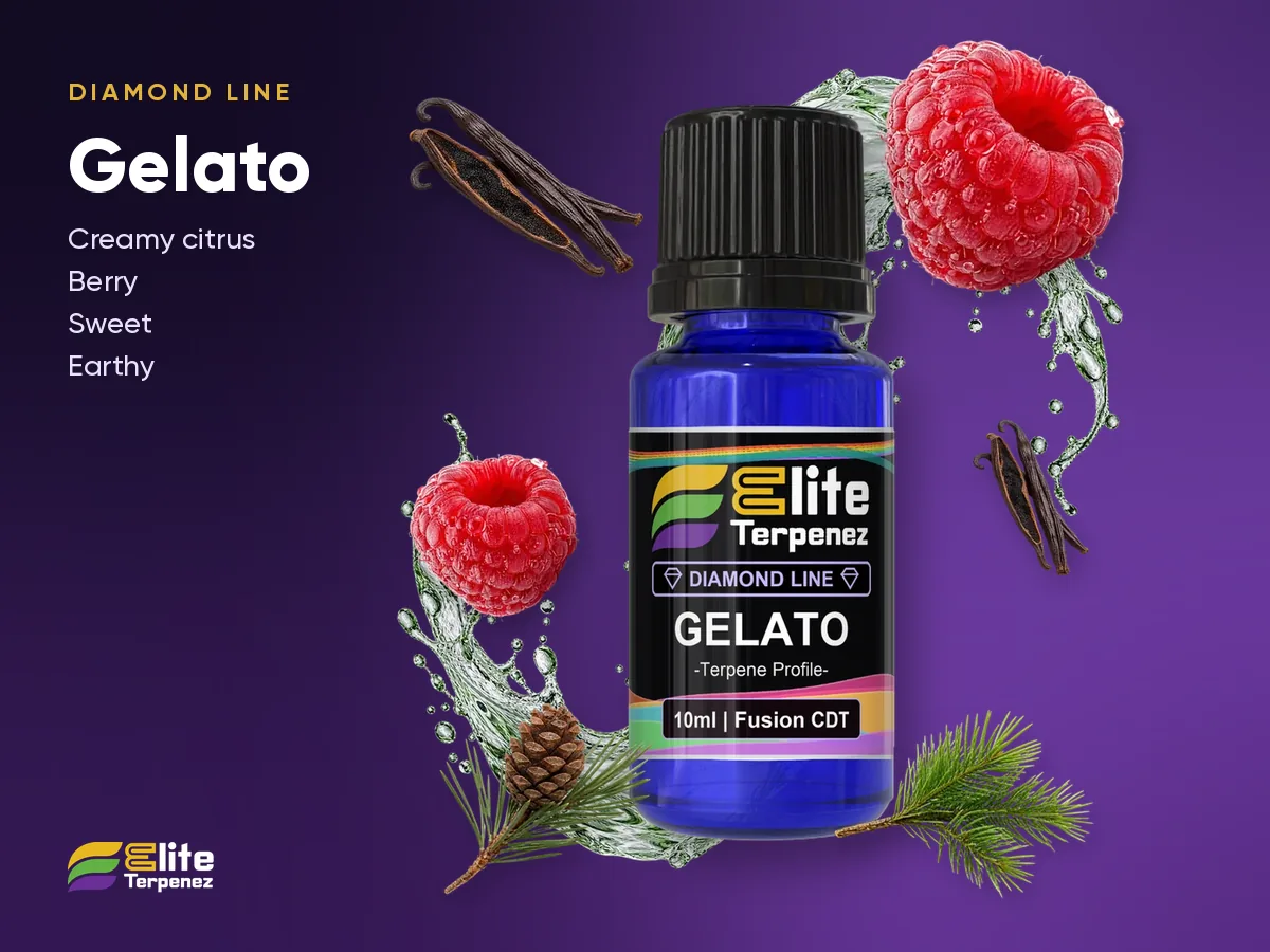Elite Terpenez Gelato Diamond Line 10 ml bottle with cream, citrus and berry splash | Elite Terpenez