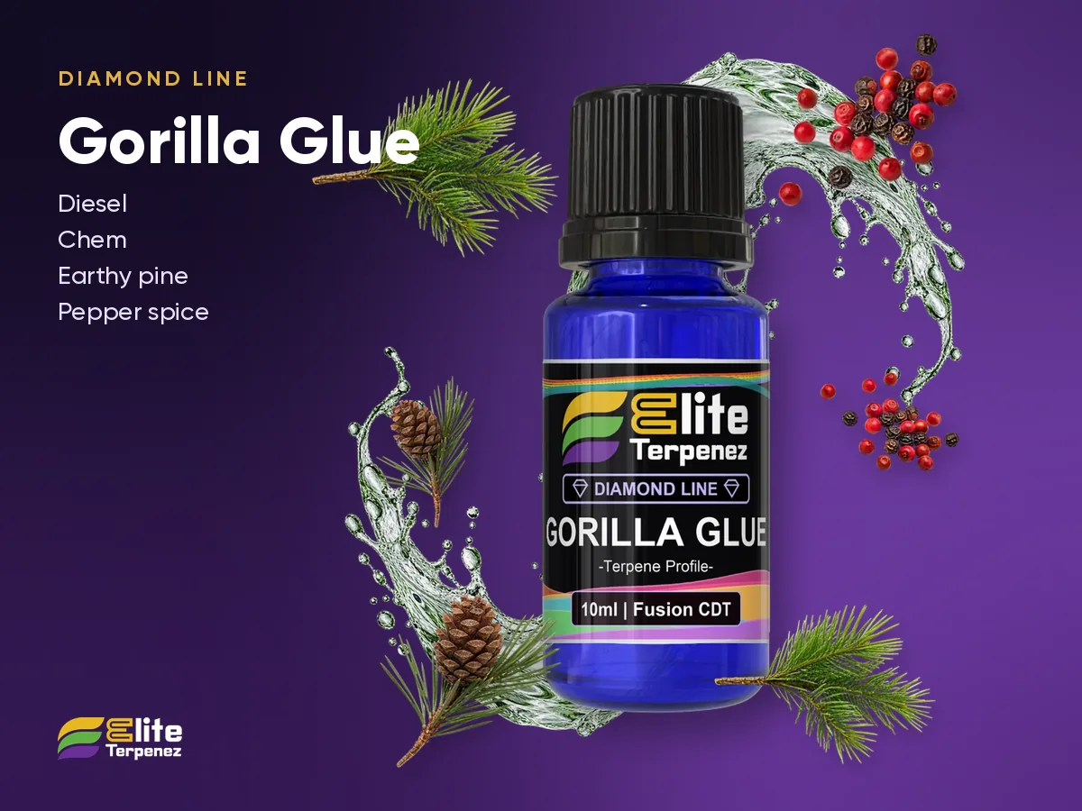 Elite Terpenez Gorilla Glue Diamond Line 10 ml bottle with pine and dark chocolate | Elite Terpenez