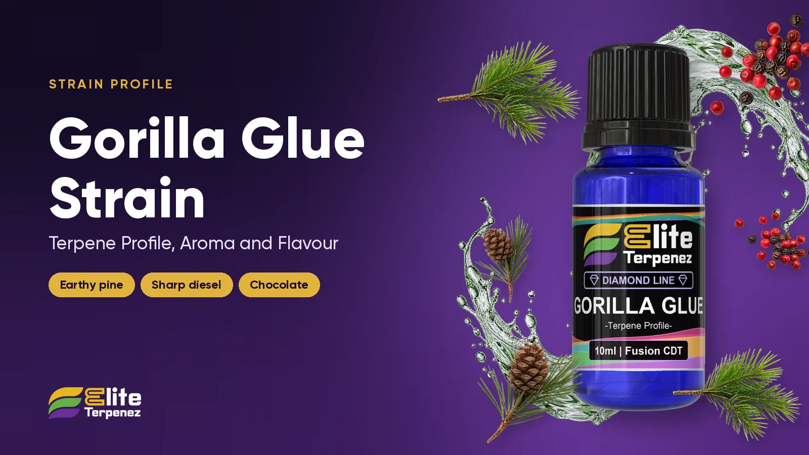 Elite Terpenez Gorilla Glue Diamond Line bottle with earthy pine and diesel splash | Elite Terpenez