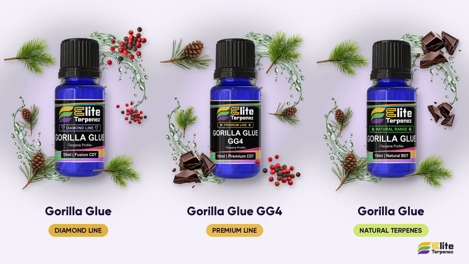 Elite Terpenez Gorilla Glue Diamond, GG4 Premium and Natural Terpenes bottles side by side | Elite Terpenez