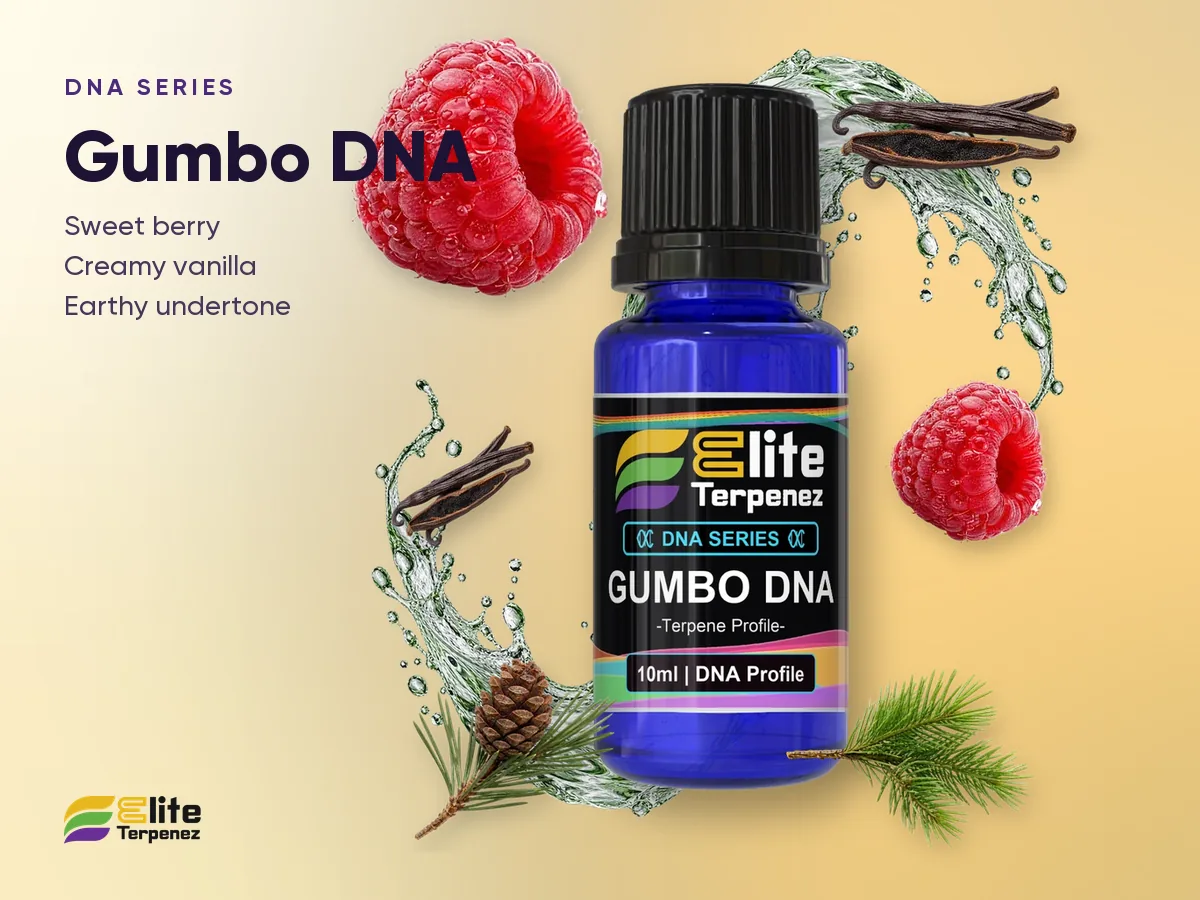 Elite Terpenez Gumbo DNA Series bottle with sweet berry and vanilla splash | Elite Terpenez