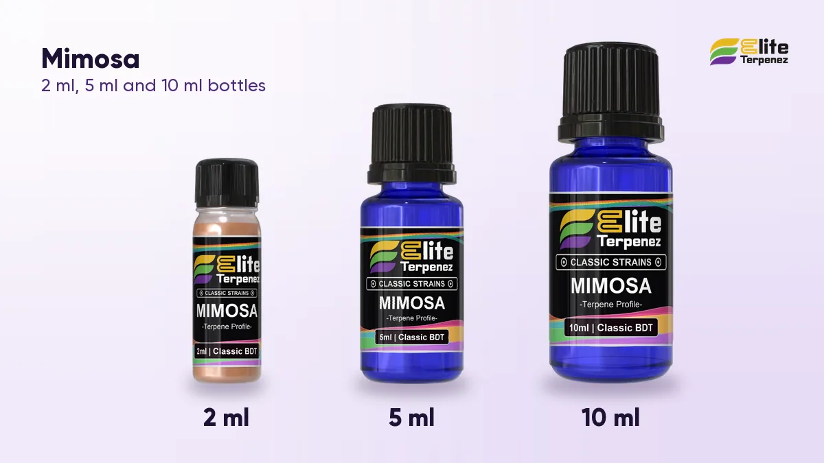 Elite Terpenez Mimosa terpene bottles in 2 ml, 5 ml and 10 ml sizes | Elite Terpenez