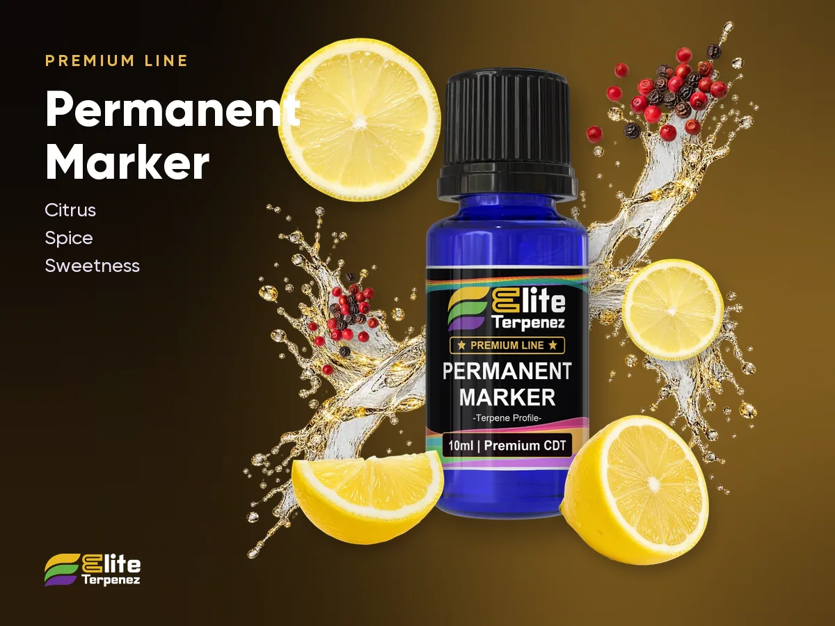 Elite Terpenez Permanent Marker Premium Line bottle with citrus and spice splash | Elite Terpenez