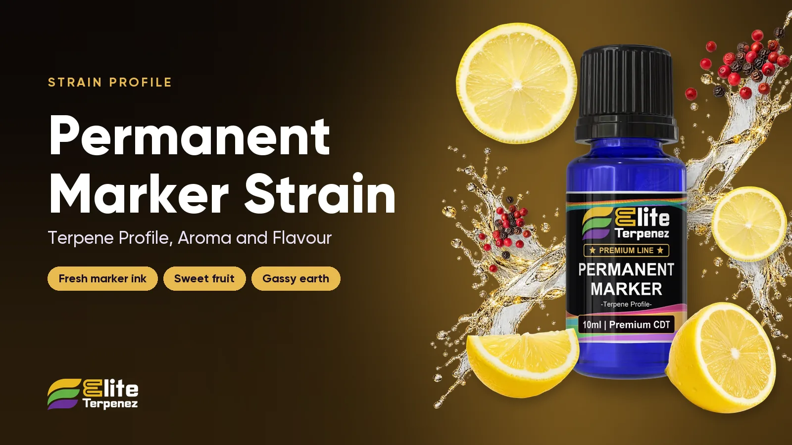 Elite Terpenez Permanent Marker terpene profile bottles with ink and sweet fruit styling | Elite Terpenez