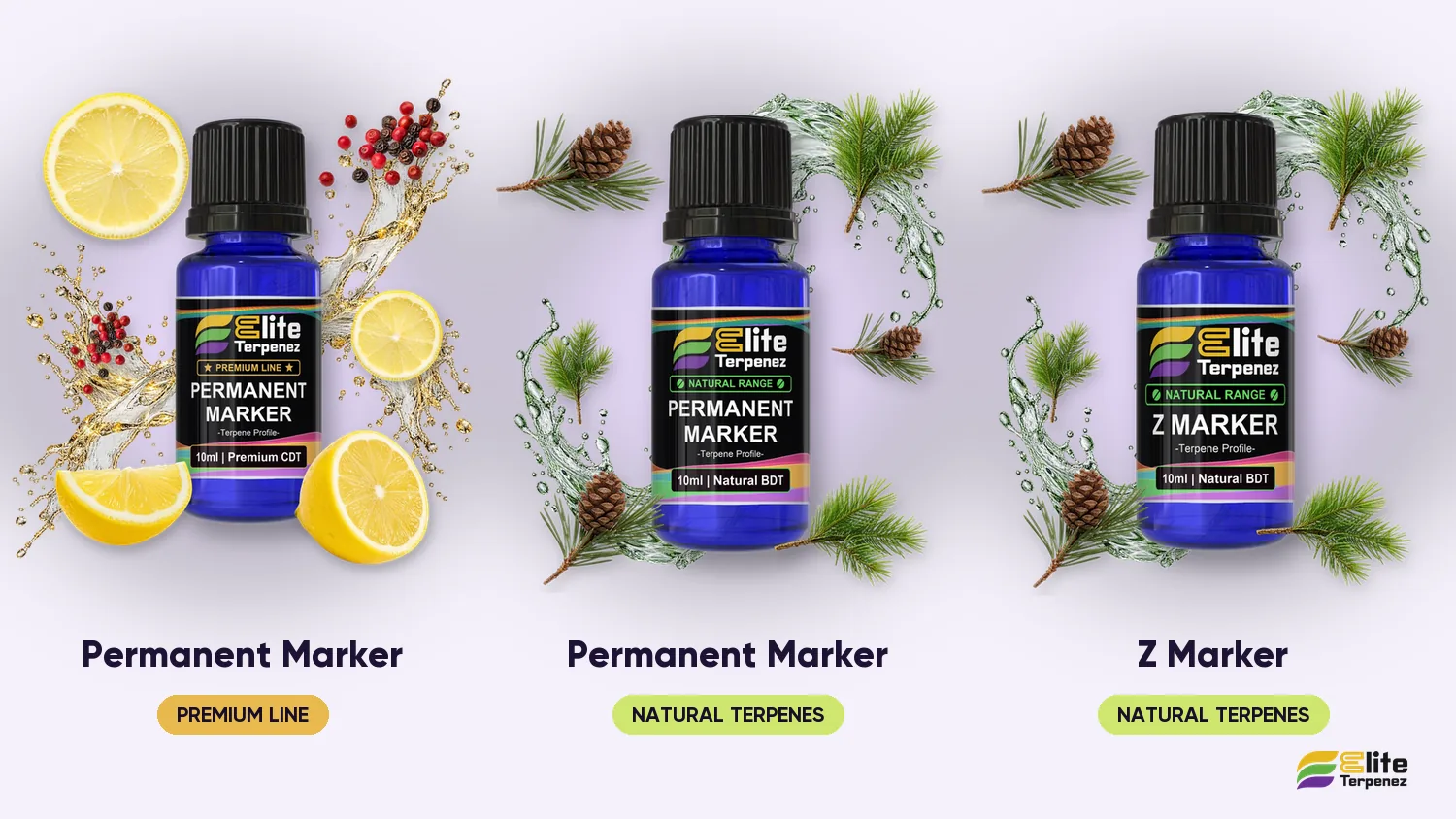 Elite Terpenez Permanent Marker Premium, Permanent Marker Natural and Z Marker bottles side by side | Elite Terpenez