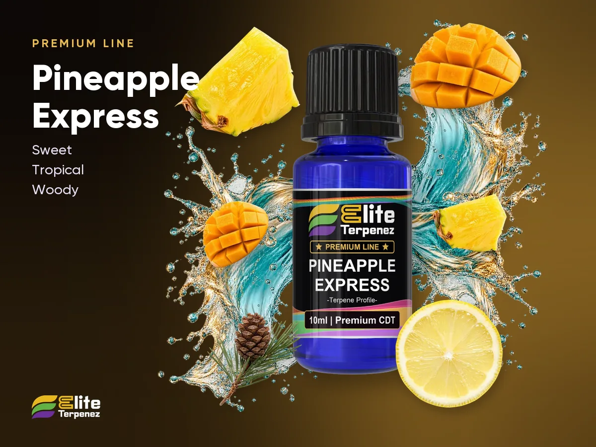 Elite Terpenez Pineapple Express Premium Line bottle with pineapple and tropical splash | Elite Terpenez