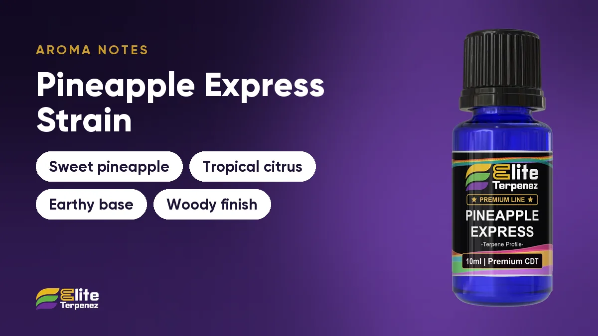 Pineapple Express aroma notes card: sweet pineapple, tropical citrus, earthy base and woody finish | Elite Terpenez