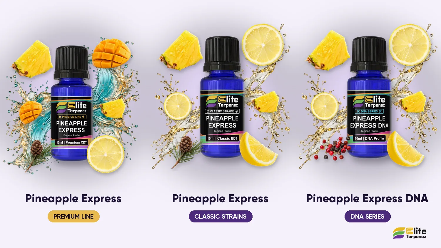 Three Elite Terpenez Pineapple Express profiles side by side: Premium Line, Classic Strains and DNA Series | Elite Terpenez