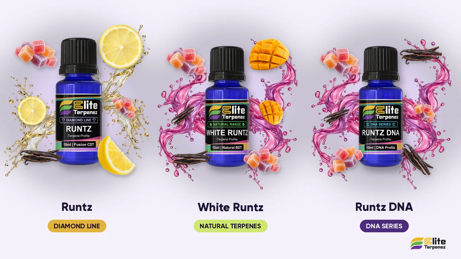 Elite Terpenez Runtz Diamond Line, White Runtz Natural and Runtz DNA bottles side by side | Elite Terpenez