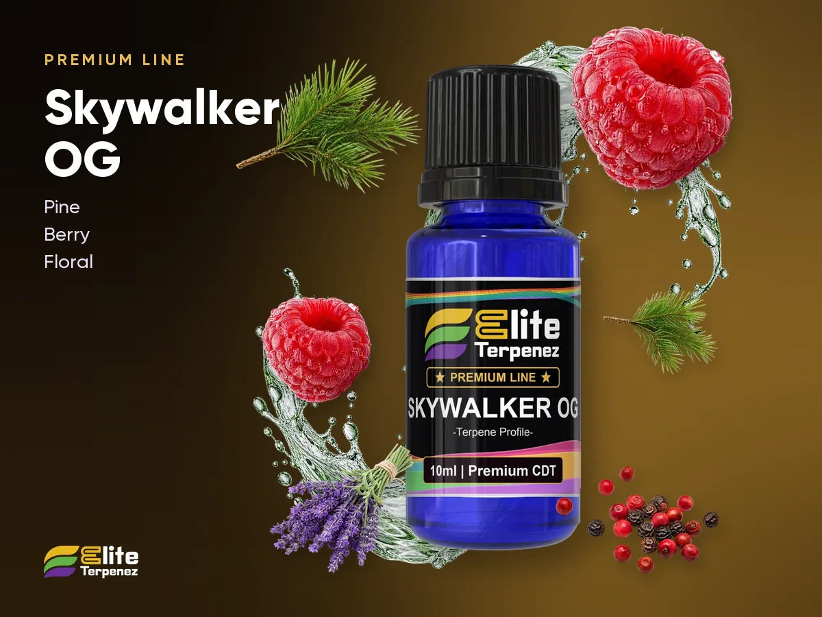 Elite Terpenez Skywalker OG Premium Line bottle with pine and berry splash | Elite Terpenez