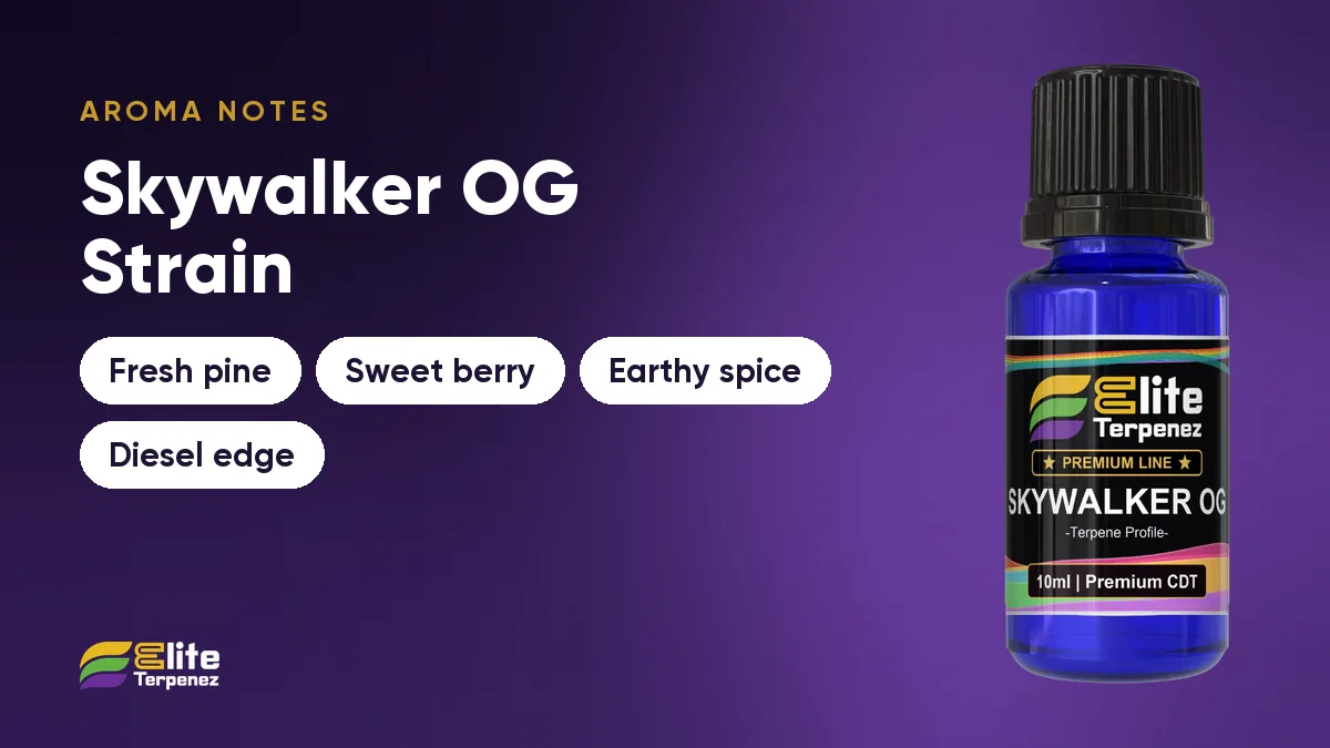 Skywalker OG aroma notes card: fresh pine, sweet berry, earthy spice and diesel edge | Elite Terpenez